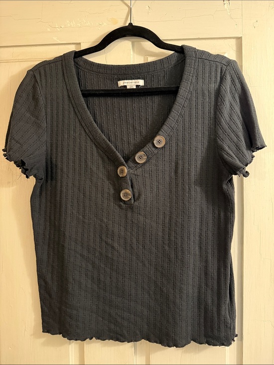 American Eagle Outfitters Tops - American Eagle Outfitters Ribbed Short-Sleeve Top with Button Placket - Black
